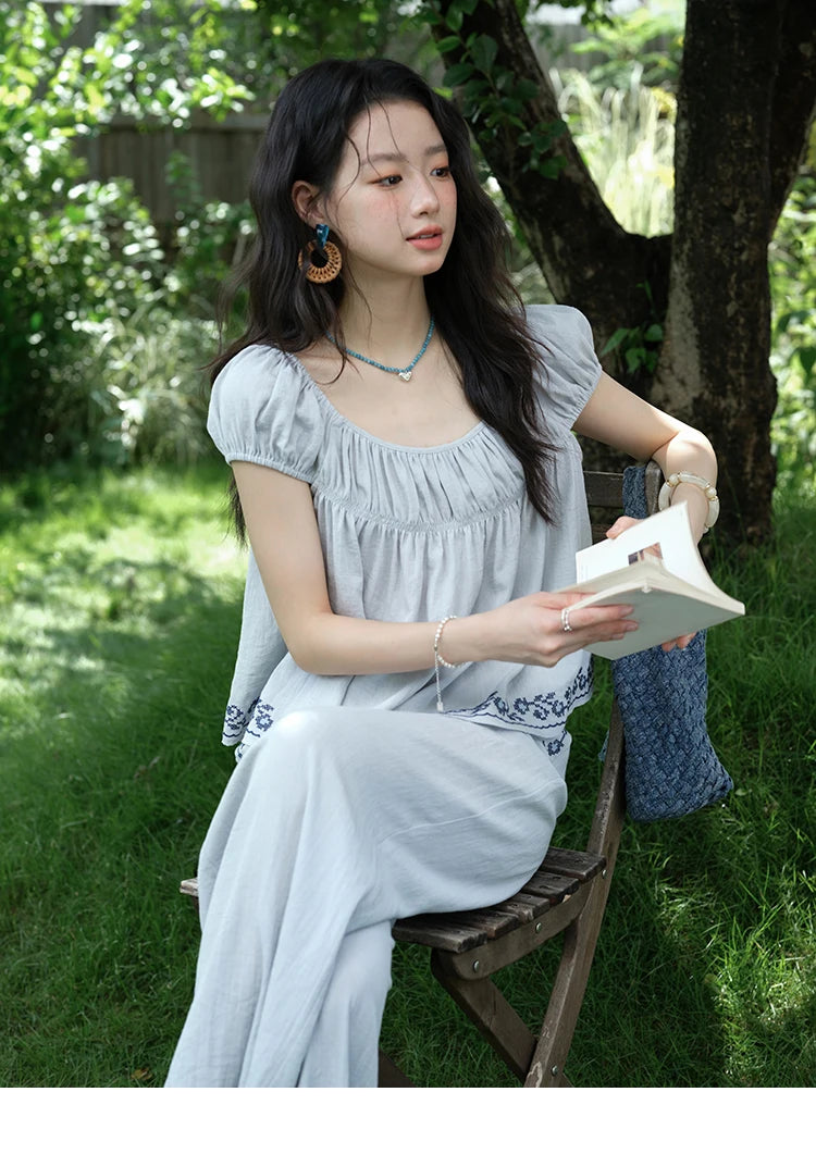 Mishow Embroidery Flower Round Neck Blouse & Pocket Wide Leg Pants Set MXE39T0669