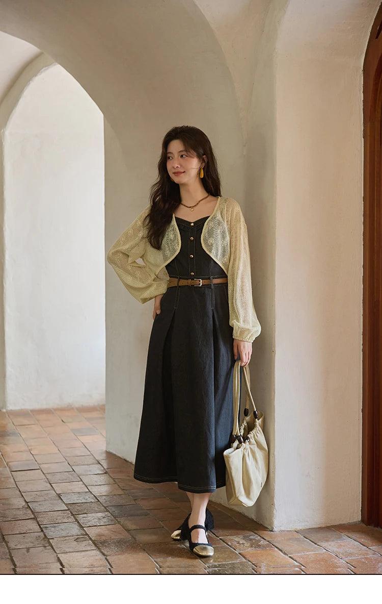 Mishow Lantern Sleeve Cardigan & Denim Strap Dress Set MXE41T0704