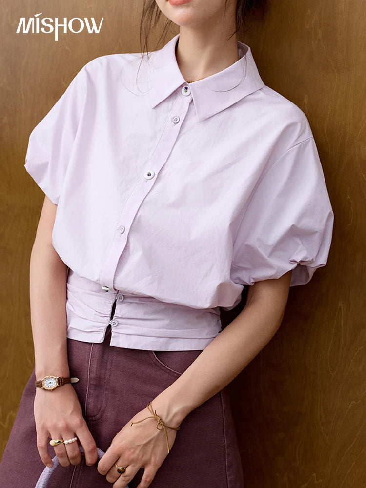 MISHOW Purple Cotton Blouse Turn-Down Collar Short Sleeve MXE32X1794