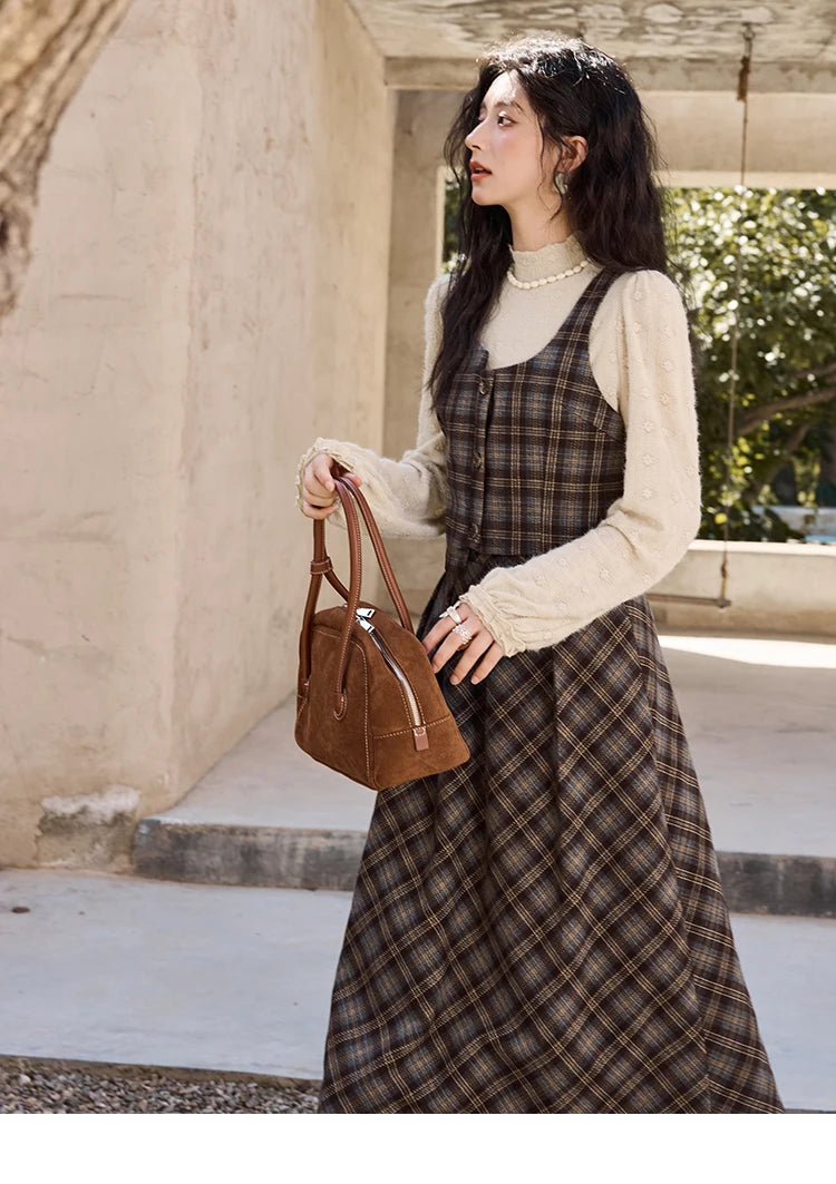 Mishow Blue Plaid Square Collar Vest & Midi Skirt Set MXD44W0454