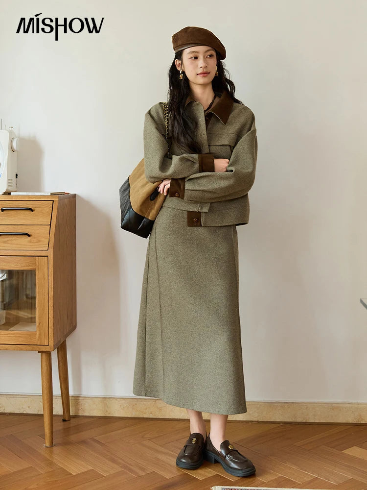 Mishow Contrast Suede Patchwork Wool Coat MXE46W0844