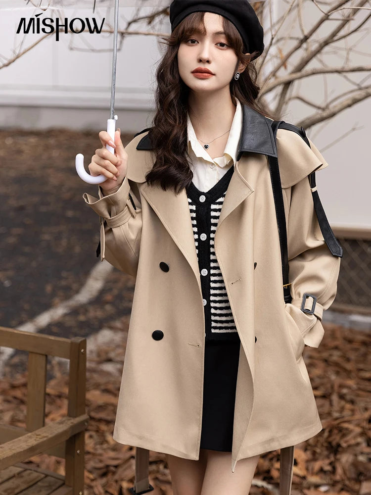 Mishow Polo Collar Patchwork Long Trench Coat MXB33W0399