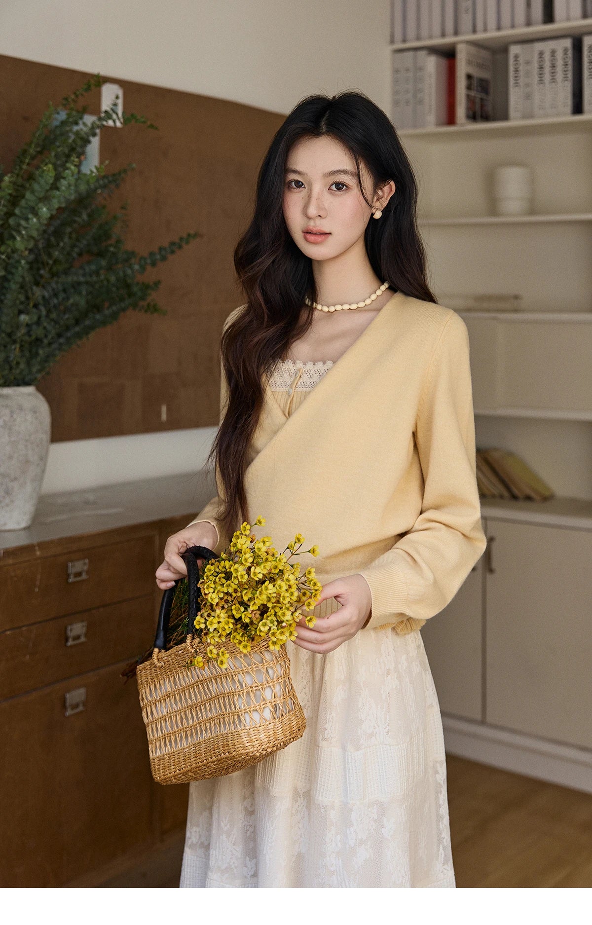 Mishow Yellow Ruffled Camisole & Lace Cardigan Set MXF11T1472