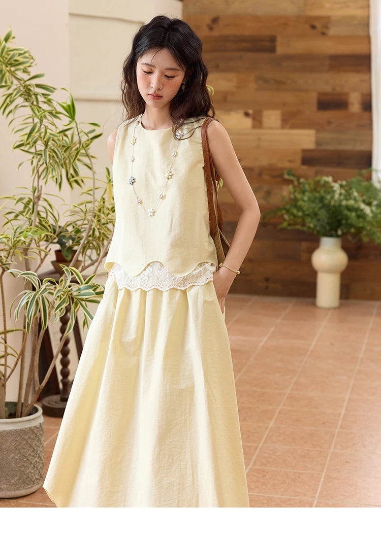 Mishow O-Neck Lace Patchwork Top & Elastic Waist Midi Skirt Set MXE36T0641