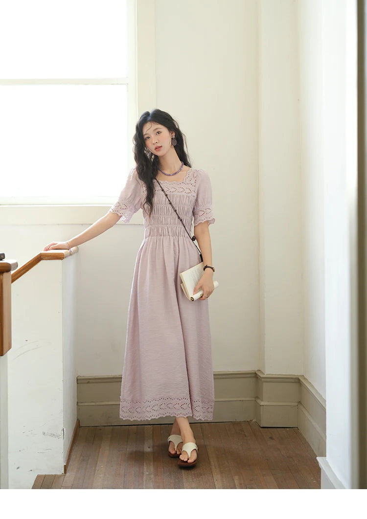 Mishow Purple Square Neck Puff Sleeve Lace Dress MXE39L2406