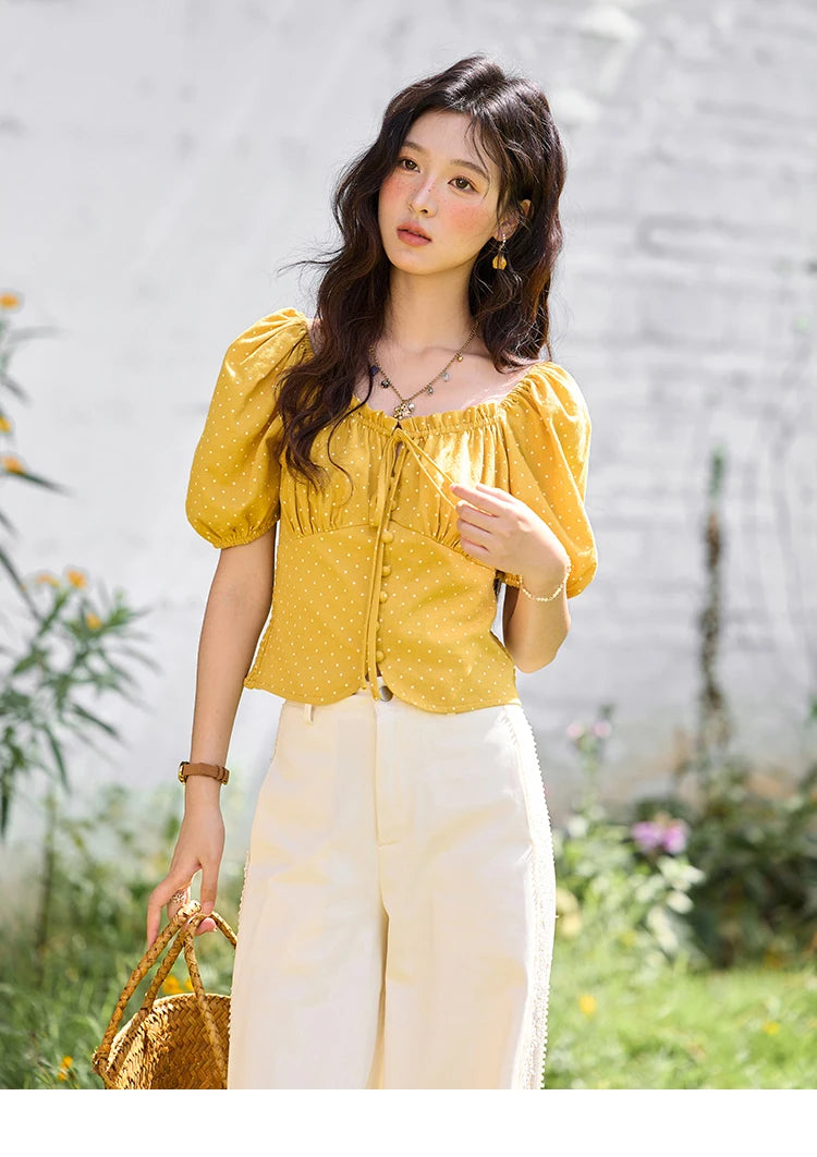 MISHOW Yellow Polka Dot One Shoulder Blouse Back Elastic Lace-Up MXE35X1840
