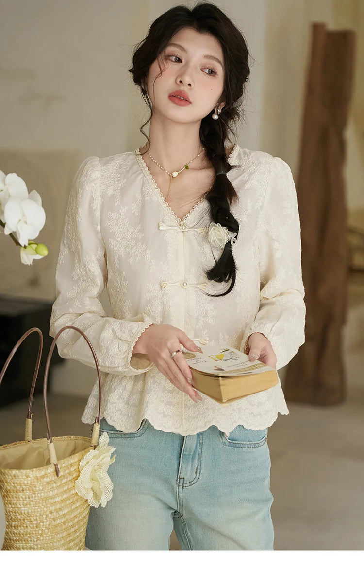 MISHOW Chinese Lace Blouse V-Neck Embroidery MXD14X1433