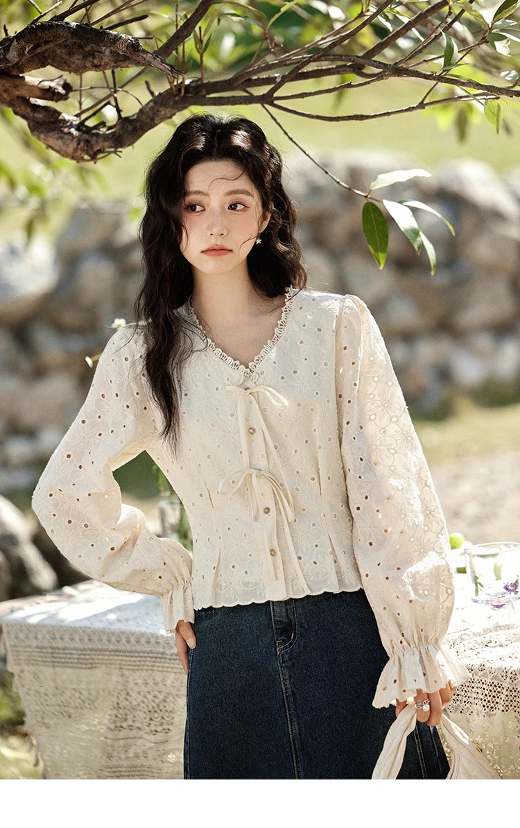 MISHOW Women's 100% Cotton Lace Shirt V-Neck Waist Elastic Cuffs MXE12X1710