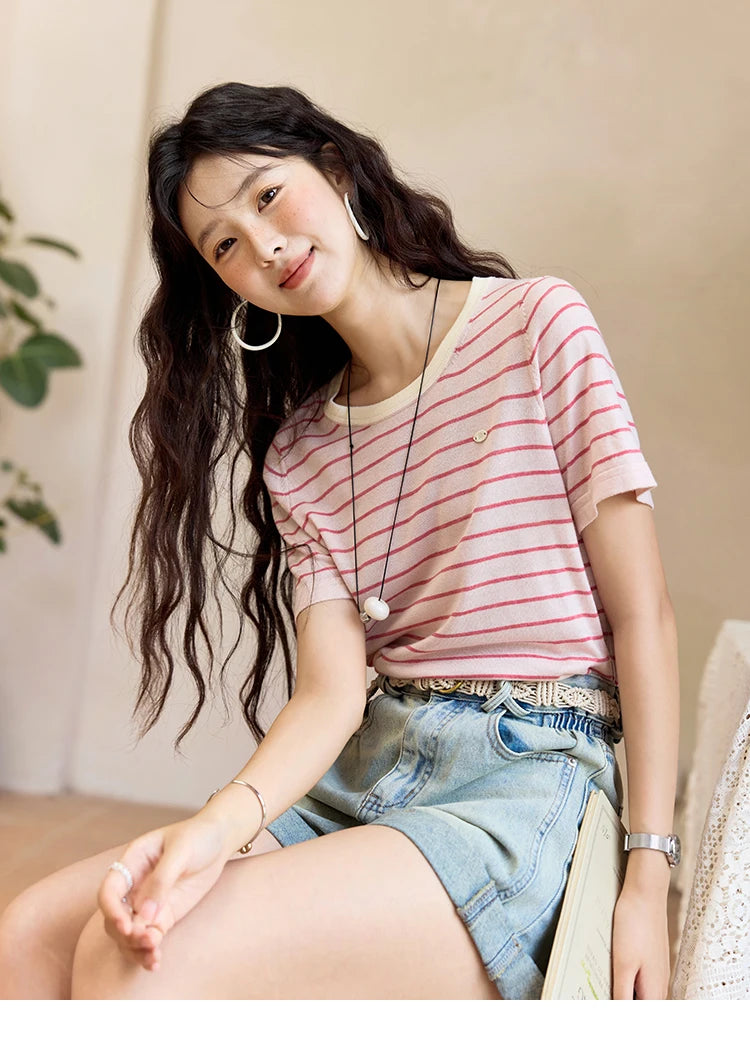 Mishow Striped Contrast Round Neck Tee MXE35Z1270