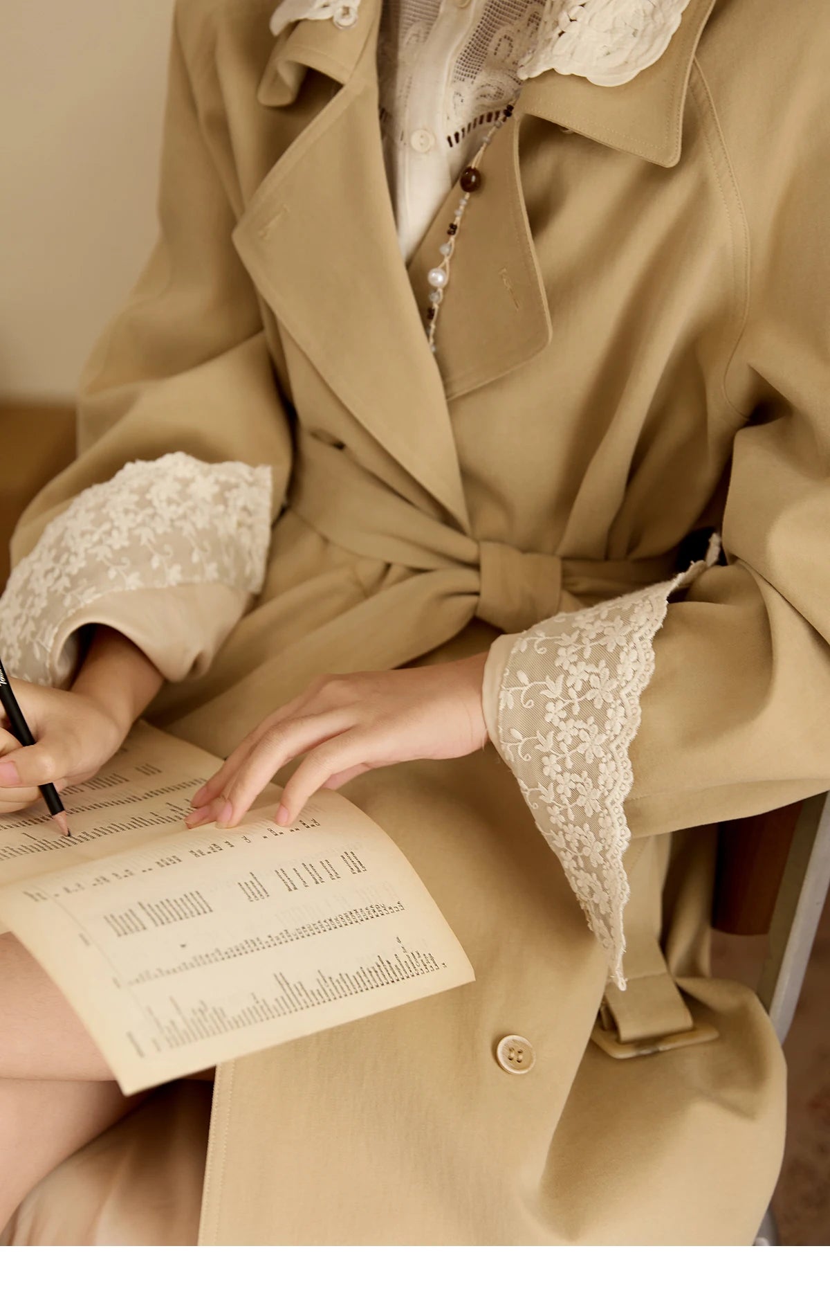 Mishow Light Khaki Lace Long Trench Coat MXE45W0830