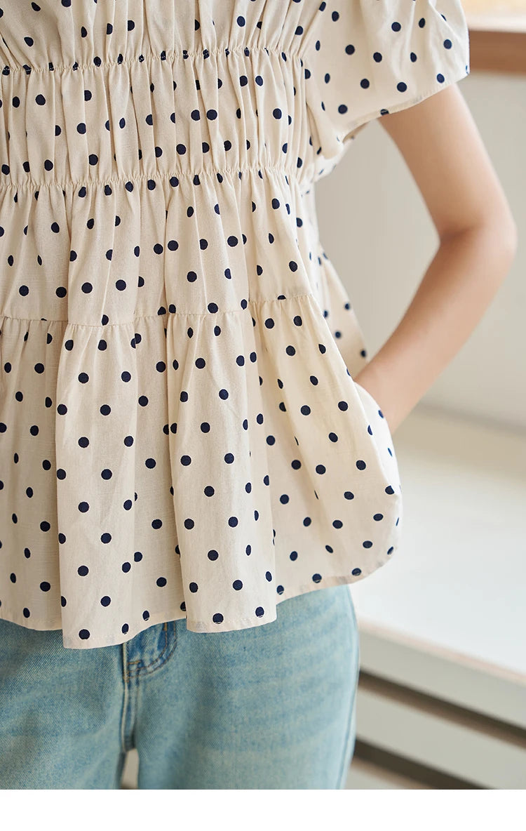 MISHOW Polka Dot Blouse Flying Sleeve O Neck Elastic Folds MXC39X1291