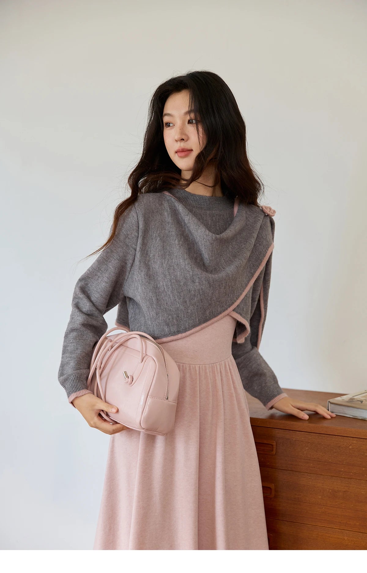 Mishow Pink Irregular Round Neck Top & Suspender Dress Set MXE49T1397