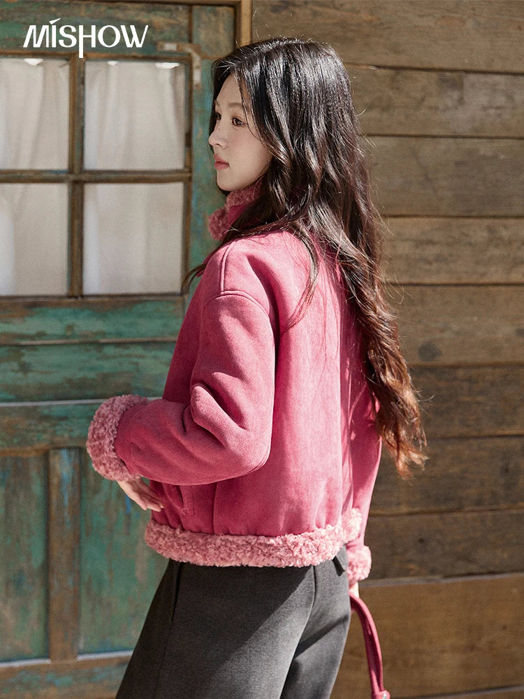 Mishow Dragon Fruit Red Suede Patchwork Coat MXE87W0942
