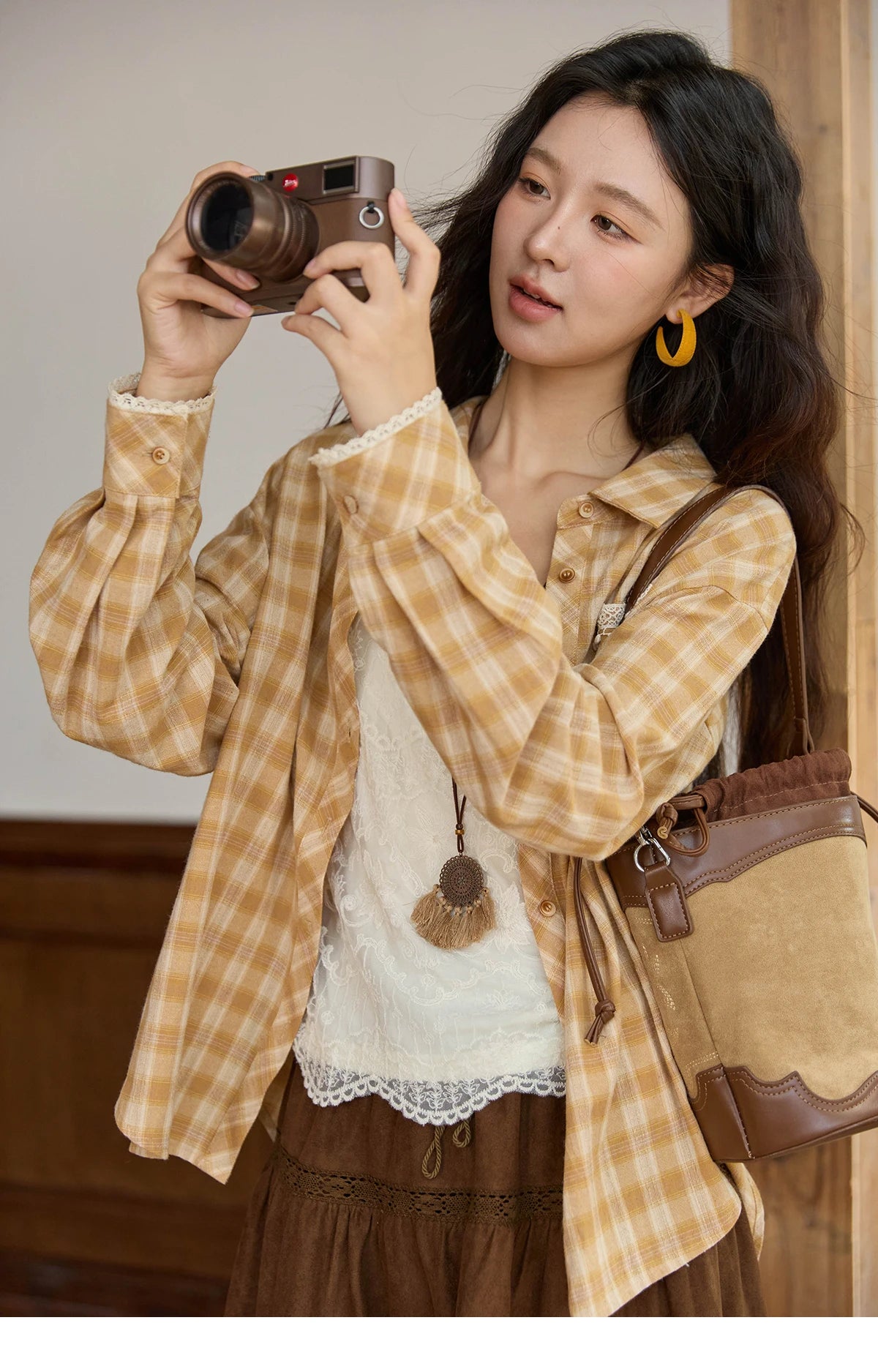 MISHOW Retro Plaid Shirt Lace Pocket Lapel Collar MXE43C2378