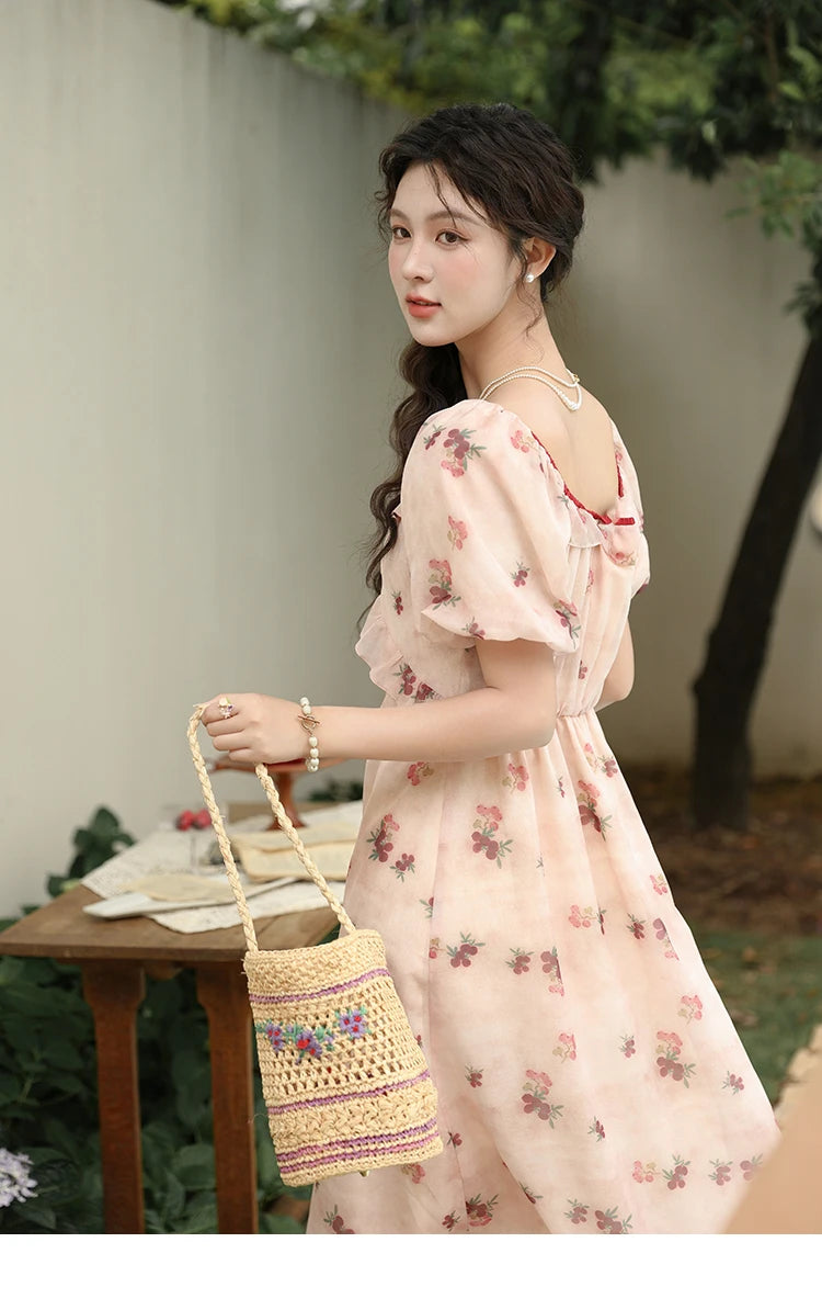 MISHOW Korean Floral Bubble Sleeve Lace-Up Dress MXD31L1924