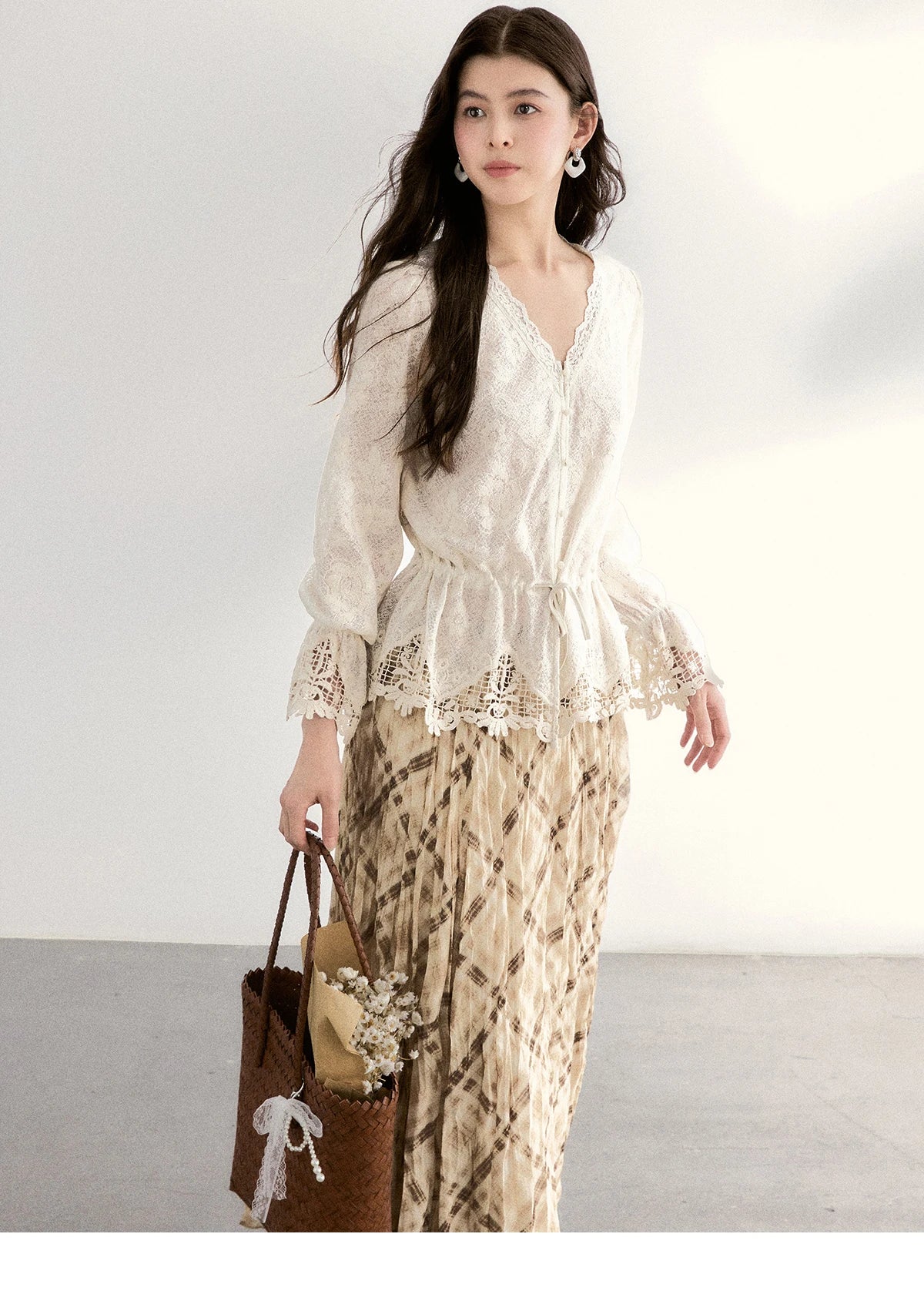 MISHOW Beige Plaid Maxi Skirt High Waist Flowy Elastic MXF108B0769