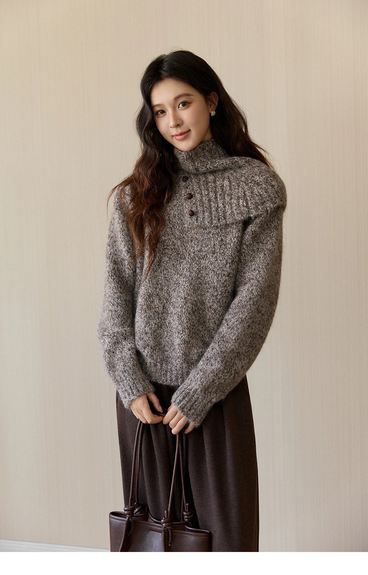 Mishow Gray Textured Button Sweater with Neckwear Scarf MXE94Z2978