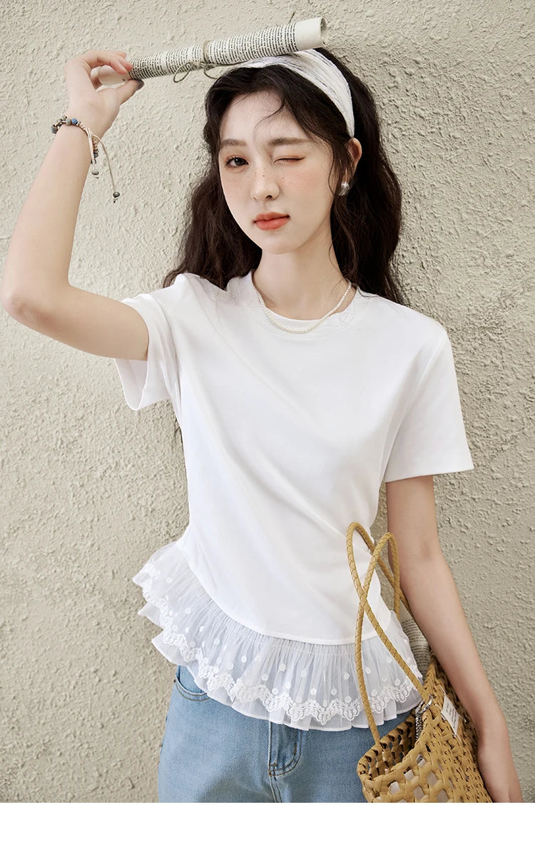 Mishow Lace Hem Splicing Round Neck Tee MXE31T0528
