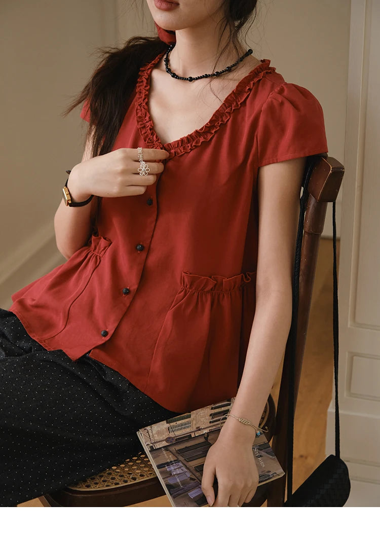 MISHOW Mushroom Edge V-Neck Blouse Button Short Sleeve MXE38X1867