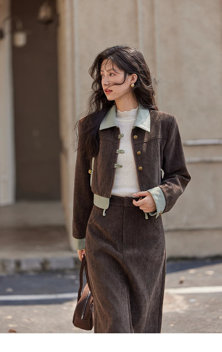 Mishow Fragrant Lapel Jacket & Contrasting Leather Skirt Set MXD43W0444