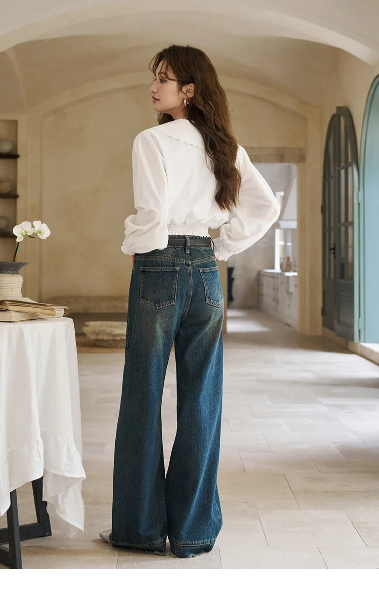 Mishow American Retro Wide Leg Jeans with Tassel Hem MXD12K0538