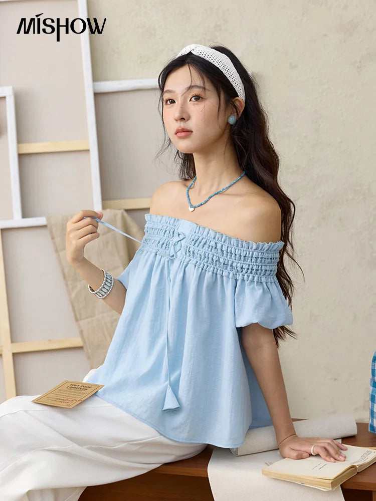 MISHOW Mist Blue One Shoulder Blouse Elastic Pleated Puff Sleeve MXE34X1796