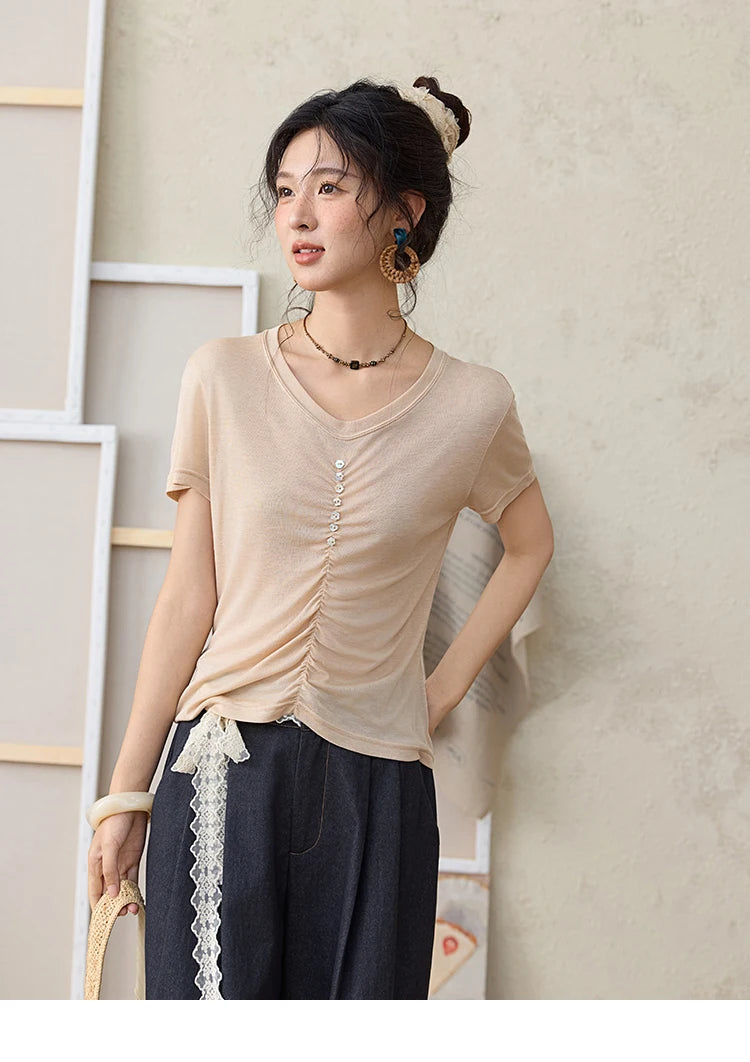 Mishow V-Neck Front Elastic Shell Button Tee MXE34T0560