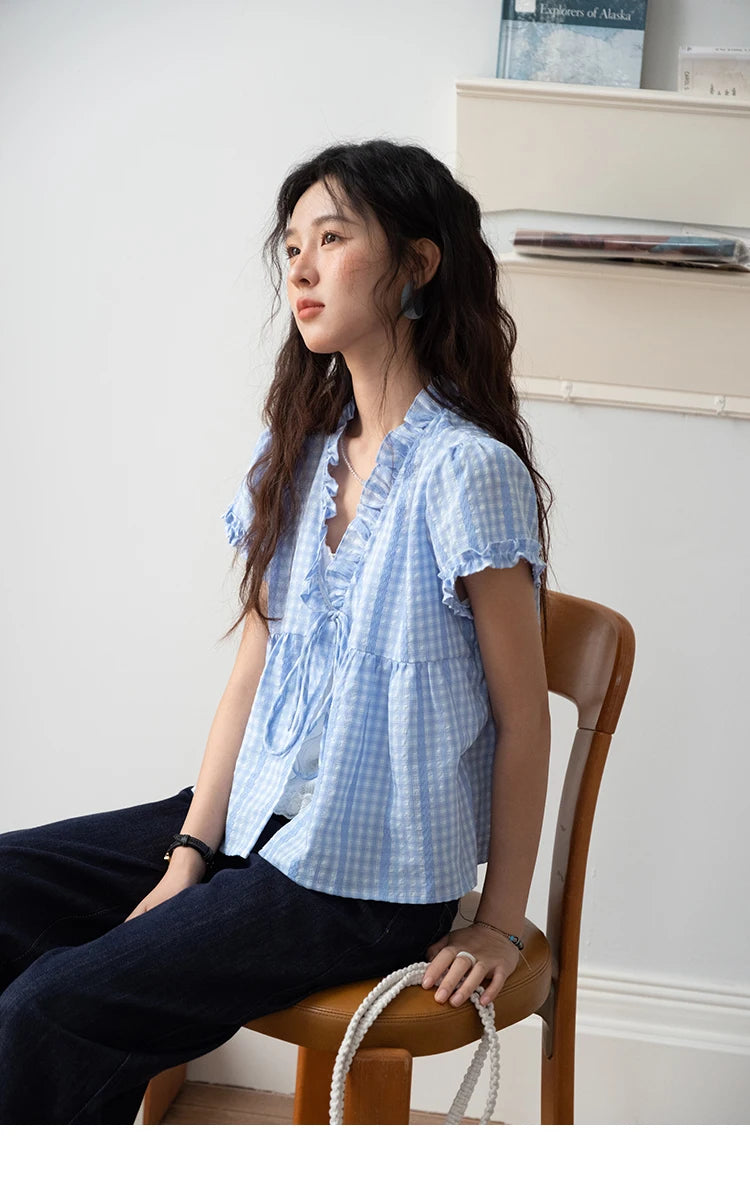 MISHOW Plaid Blue Fake Two Piece Blouse Puff Sleeve V-Neck Lace Up MXE37X1901