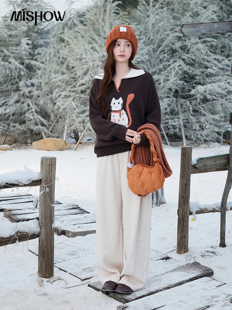Mishow Retro Arctic Fleece Color Block Cat Sweater MXE90Z2835