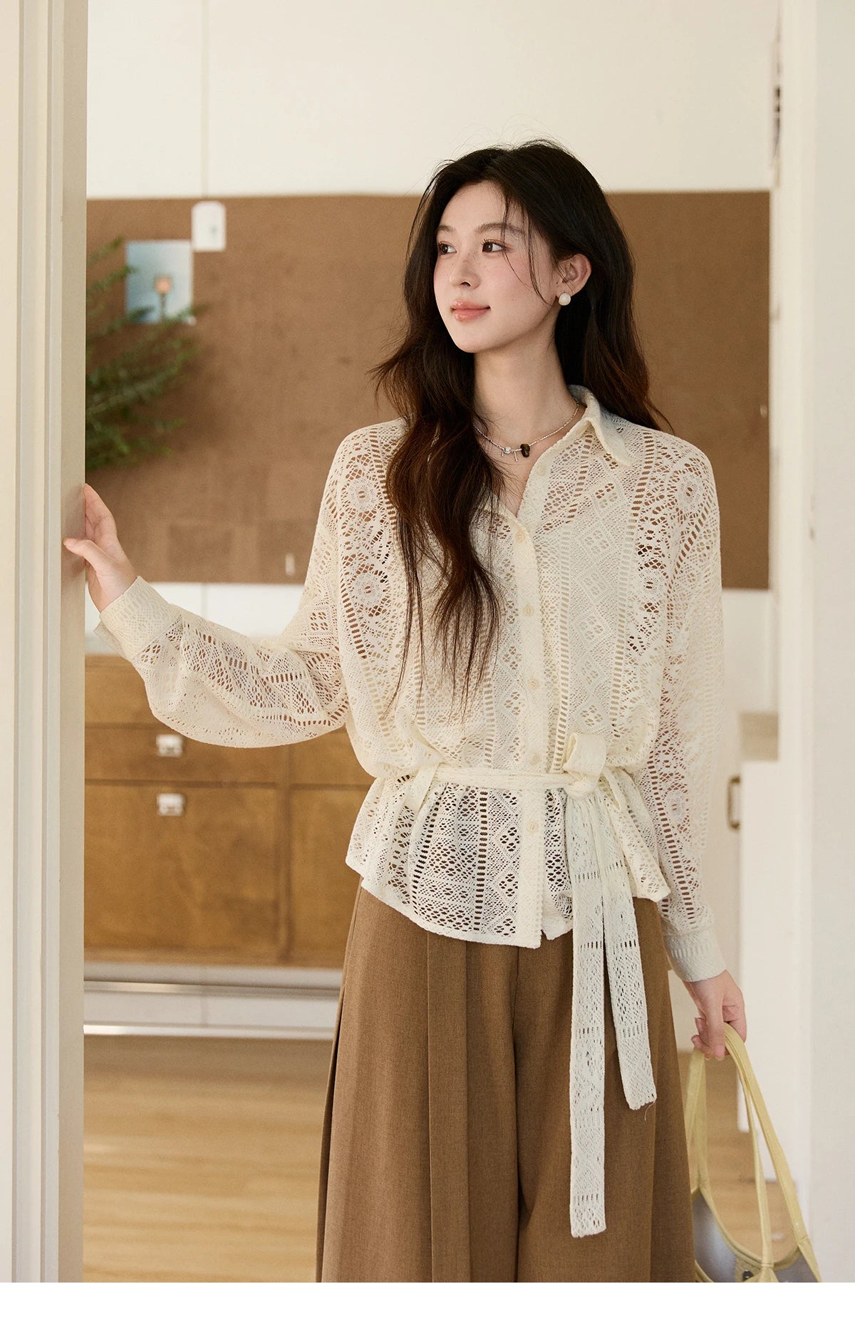 MISHOW Hollow Lace Shirt Camisole Set Drawstring Waist MXF108C0816