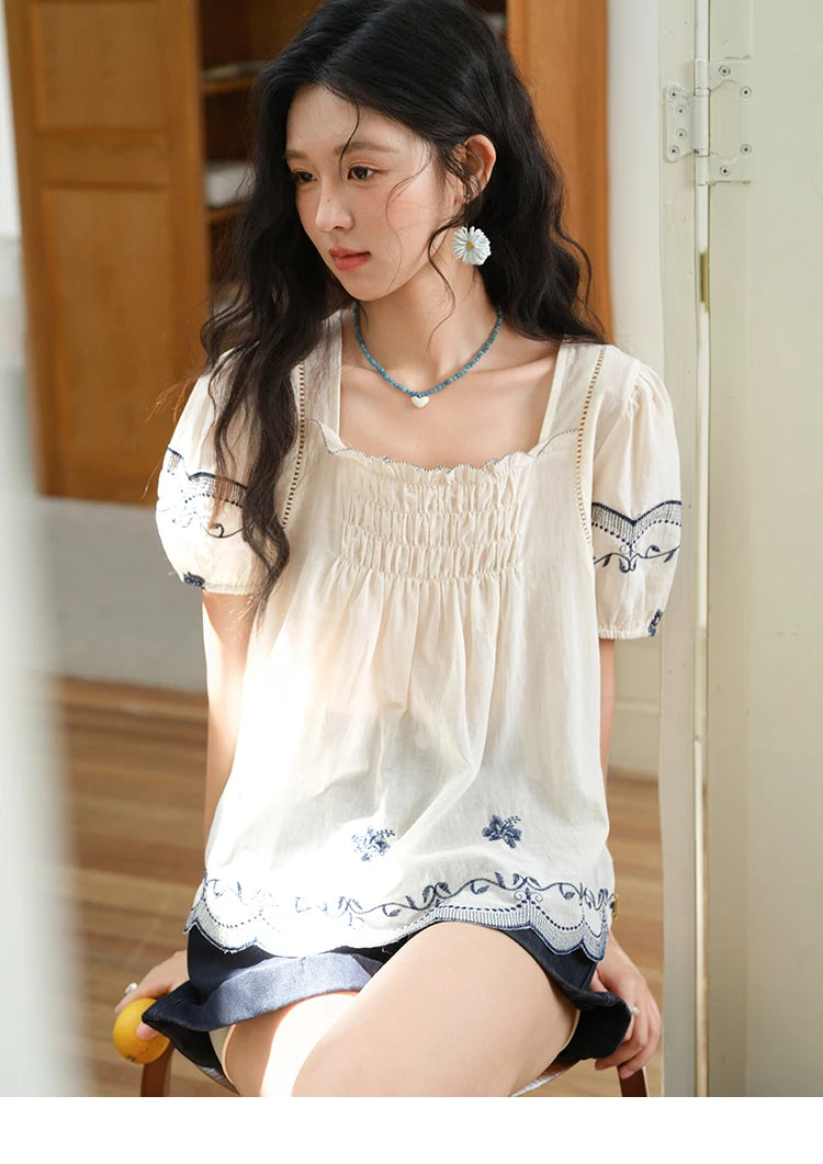 MISHOW Square Neck Puff Sleeve Blouse Flower Embroidery Hollow MXE39X1953