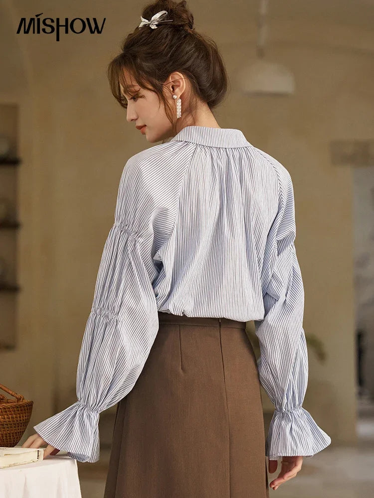 MISHOW Blue Stripe Shirt Bubble Sleeves Doll Neck MXD12C0163