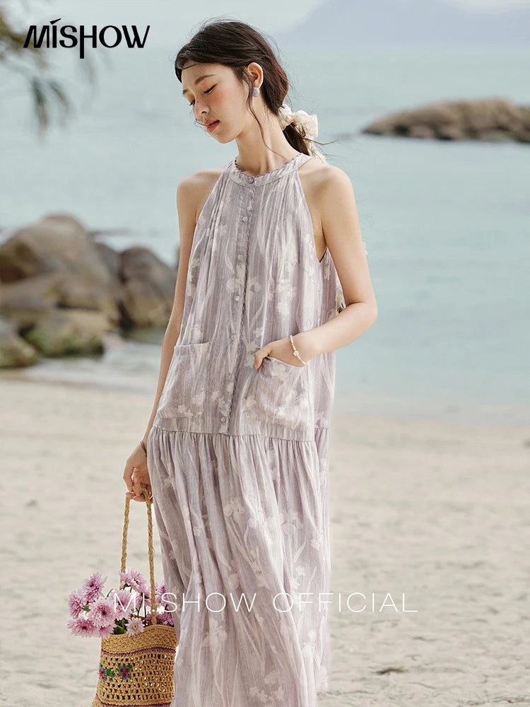 Mishow Purple Print Chiffon Stand Collar Dress MXE32L2163