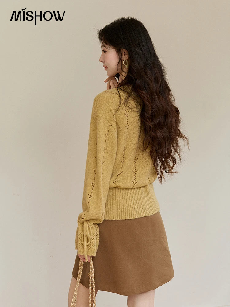 Mishow Yellow Hollow V-Neck Drawstring Cardigan MXF108Z1022