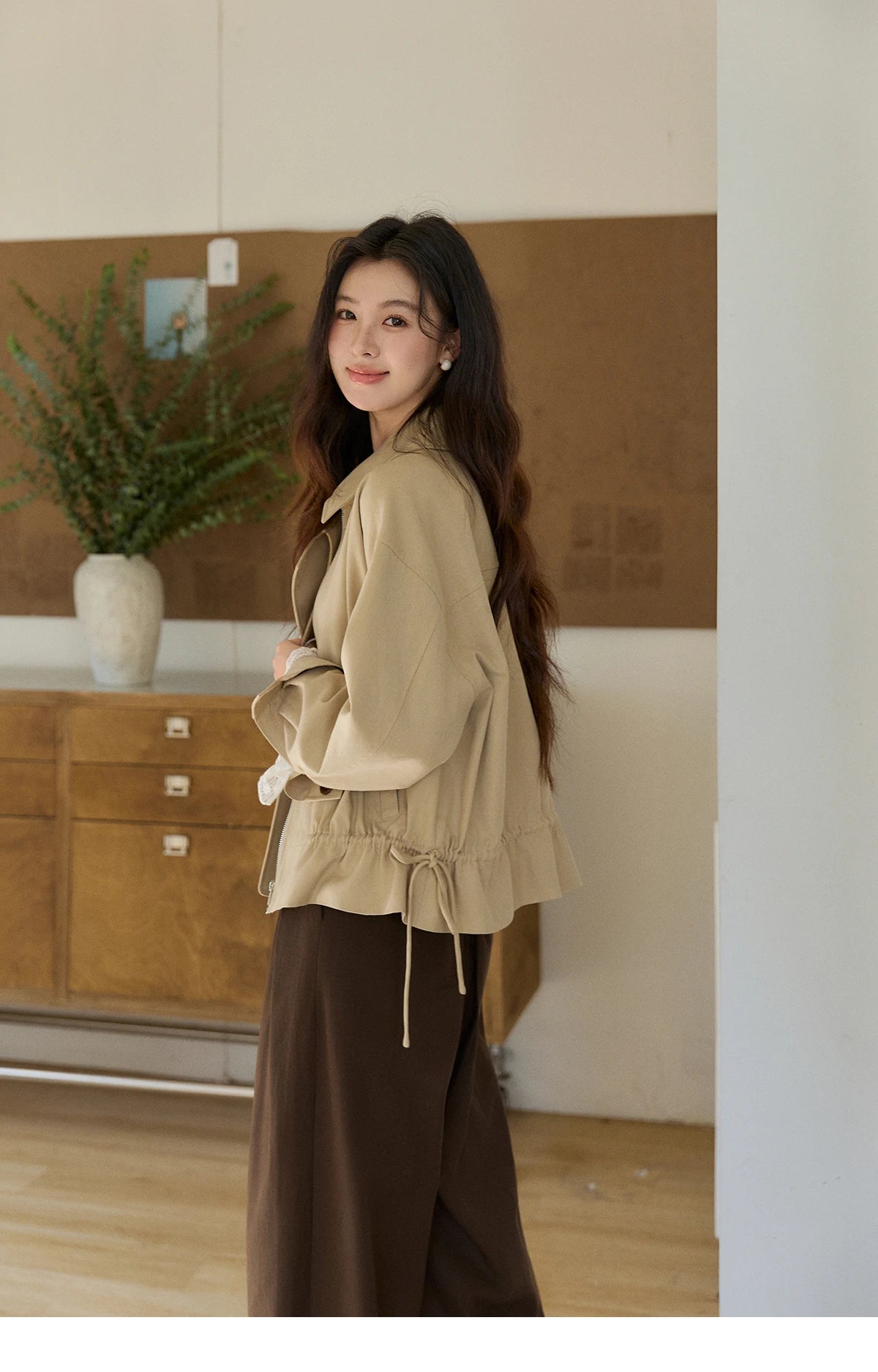 MISHOW Khaki Cropped Jacket Asymmetrical Collar Drawstring Waist MXF11W1029