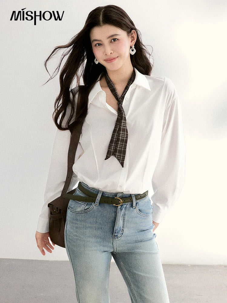 MISHOW Casual Loose Shirt with Plaid Scarf Lapel Top MXF108C0815