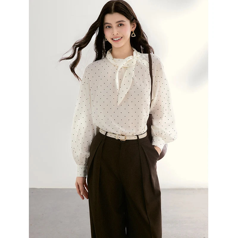 MISHOW White Polka Dot Blouse Bow Tie Neck Sheer MXF13X2531