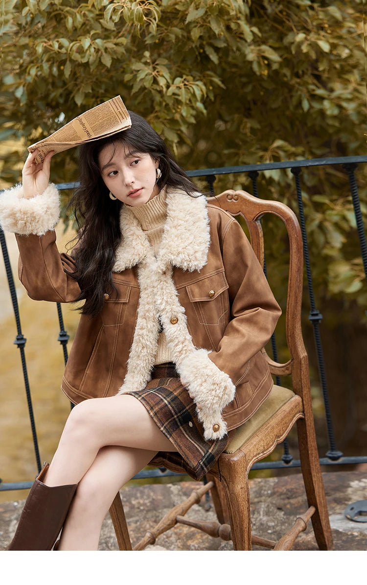 Mishow Leather Fur Lamb Wool Spliced Jacket MXD56W0538