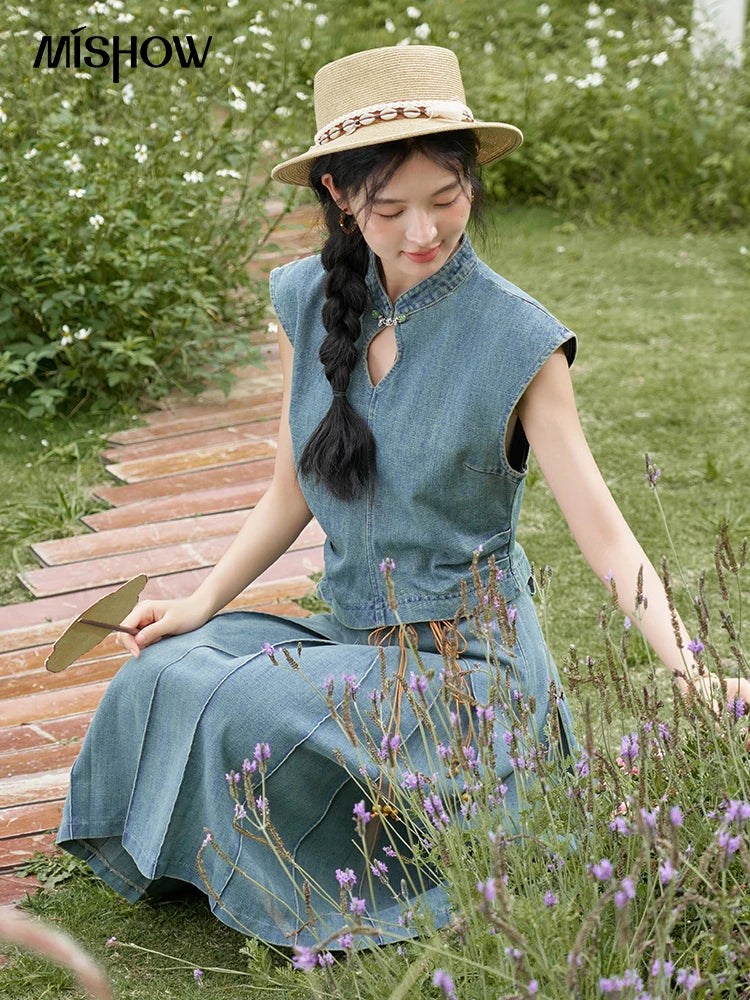 Mishow Chinese Stand Collar Vest & Pleated Denim Skirt Set MXD21X1465