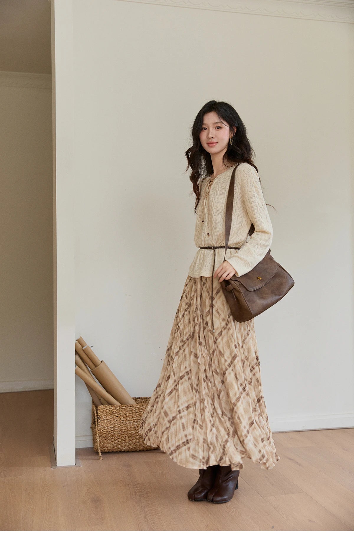 Mishow Beige V-Neck Lace-Up Cable Knit Sweater MXF108Z1029