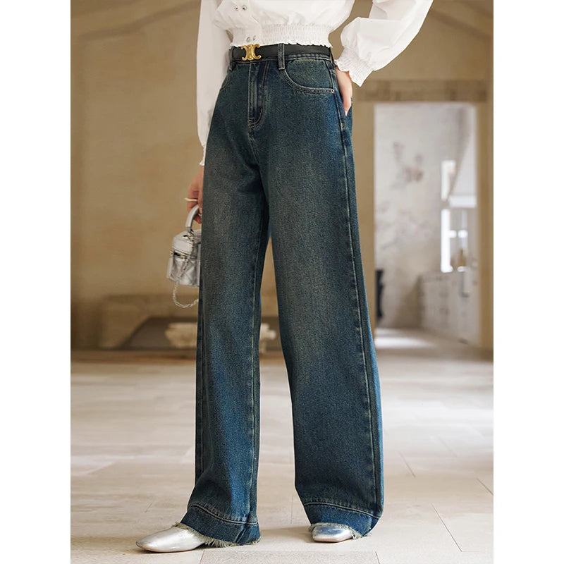 Mishow American Retro Wide Leg Jeans with Tassel Hem MXD12K0538