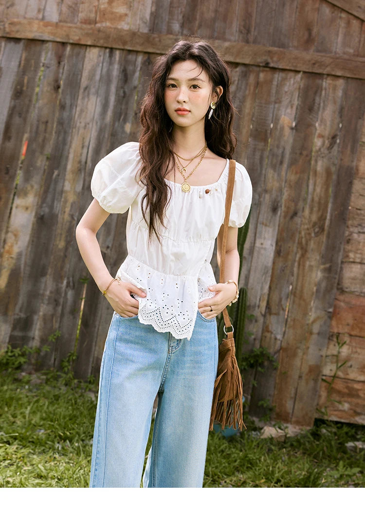 MISHOW Solid Short Puff Sleeve Blouse Hem Hollow Beading MXE33X1776