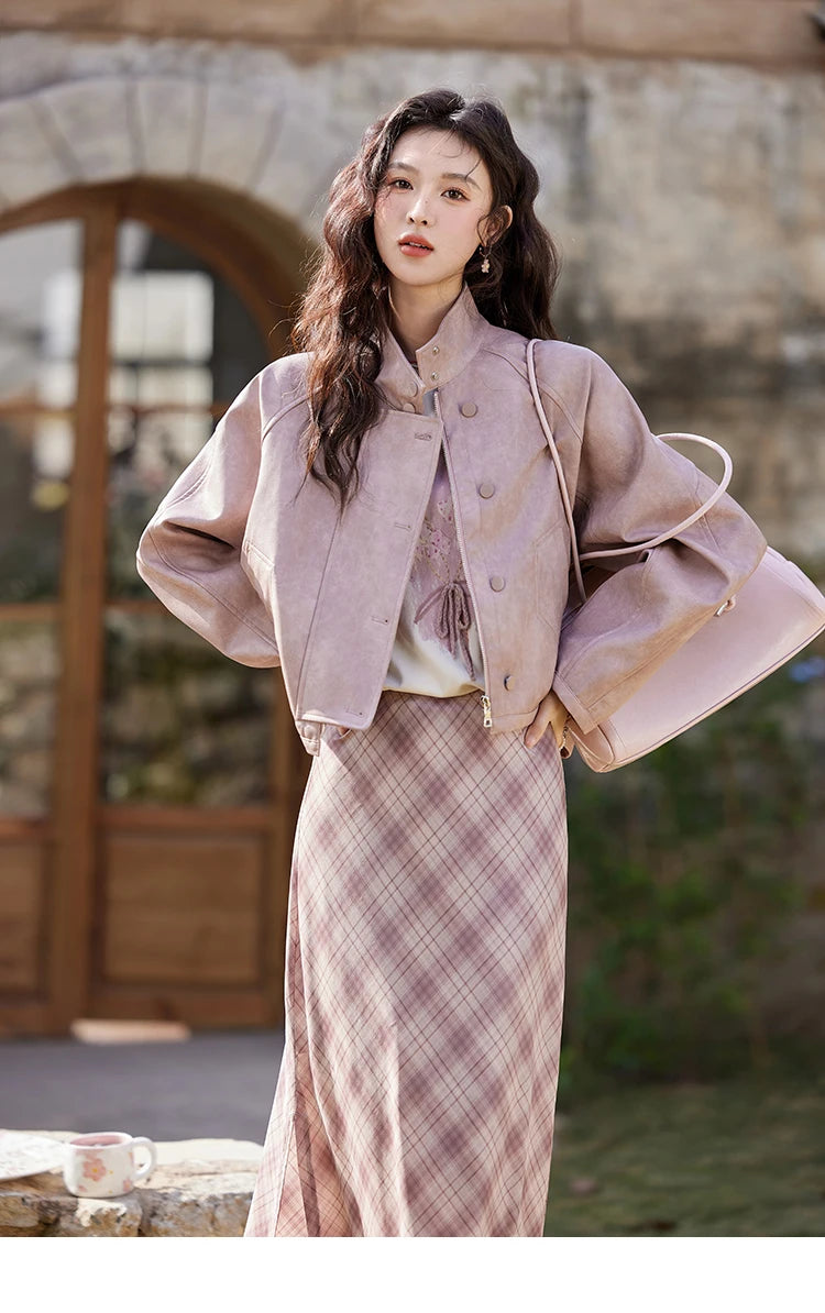 MISHOW Pink Purple Leather Coat Stand Collar Motorcycle Style MXE13W0707