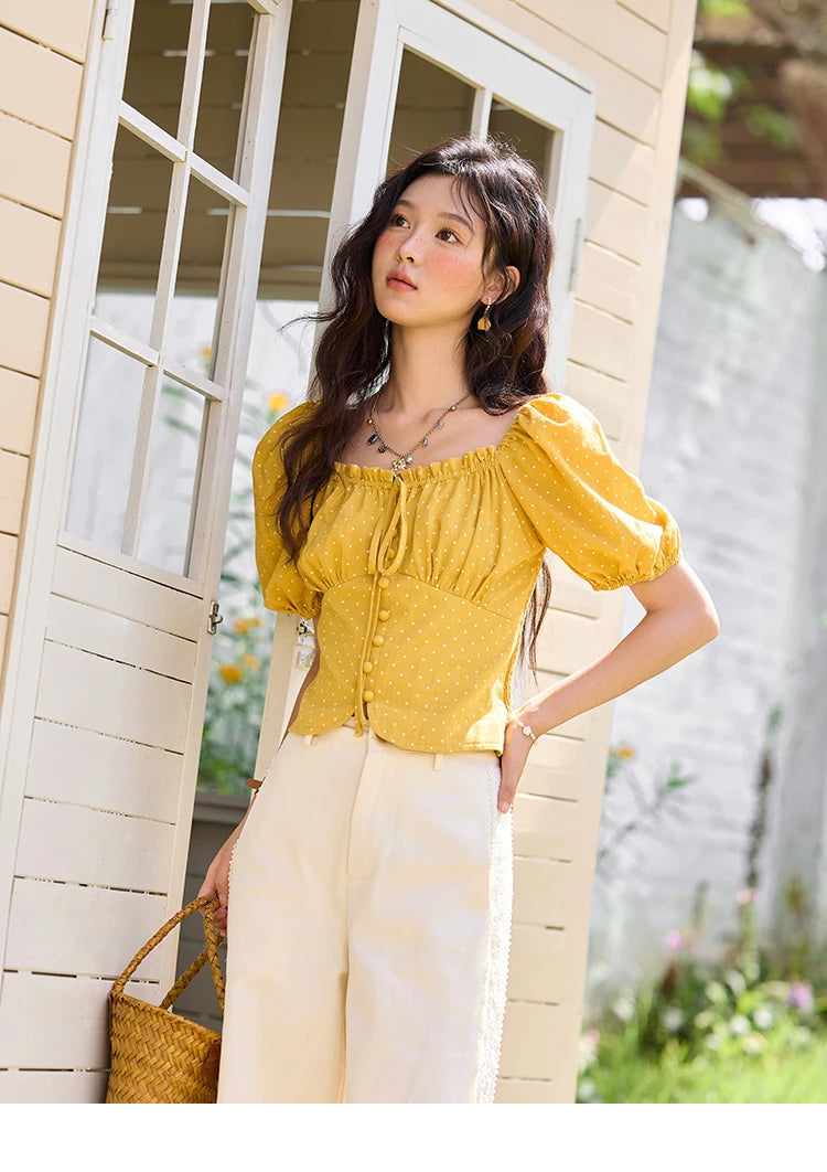 MISHOW Yellow Polka Dot One Shoulder Blouse Back Elastic Lace-Up MXE35X1840