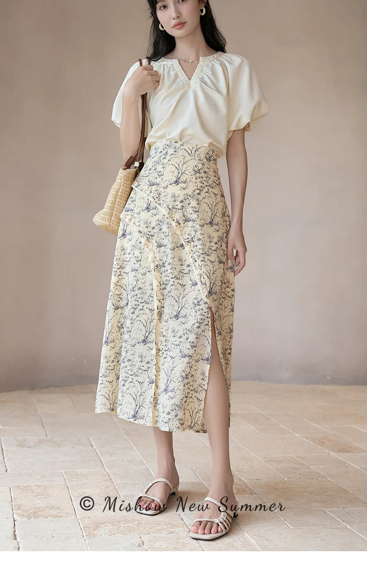 MISHOW Retro Floral Midi Skirt Side Split High Waist Elastic MXC37B0044