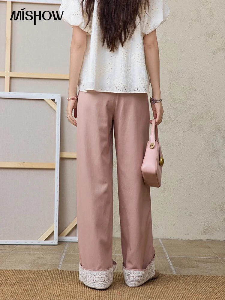 MISHOW Hem Lace Hollow Out Wide Leg Pants High Waist Pink MXE31K0900