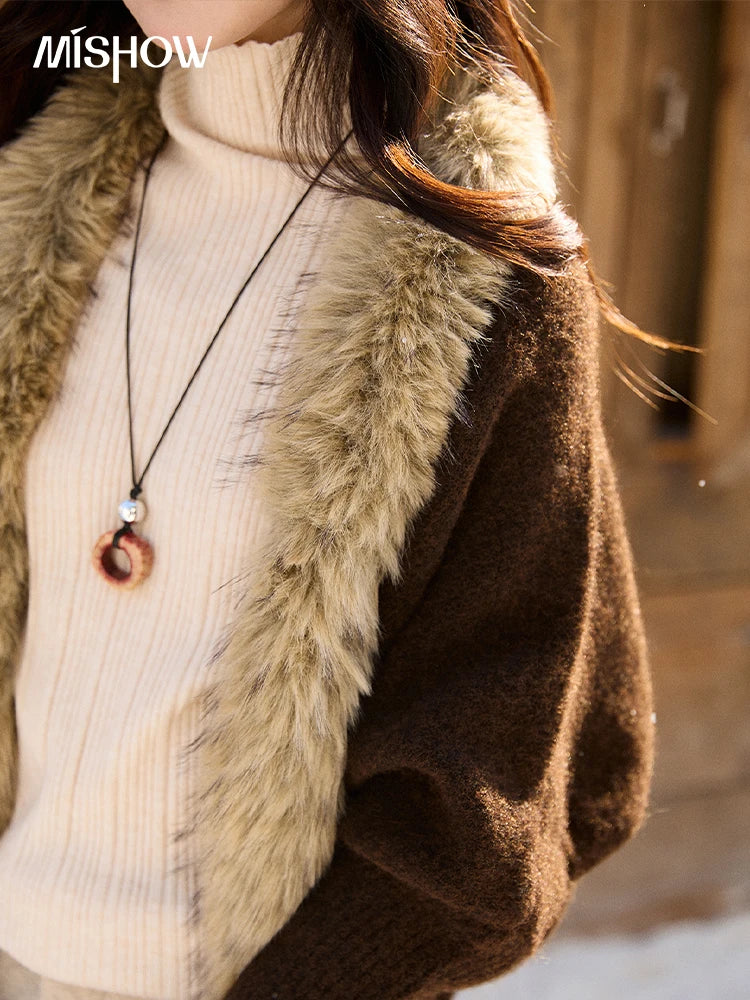 MISHOW Brown Knitted Cardigan Faux Fur Collar Batwing Sleeve MXE94Z2954