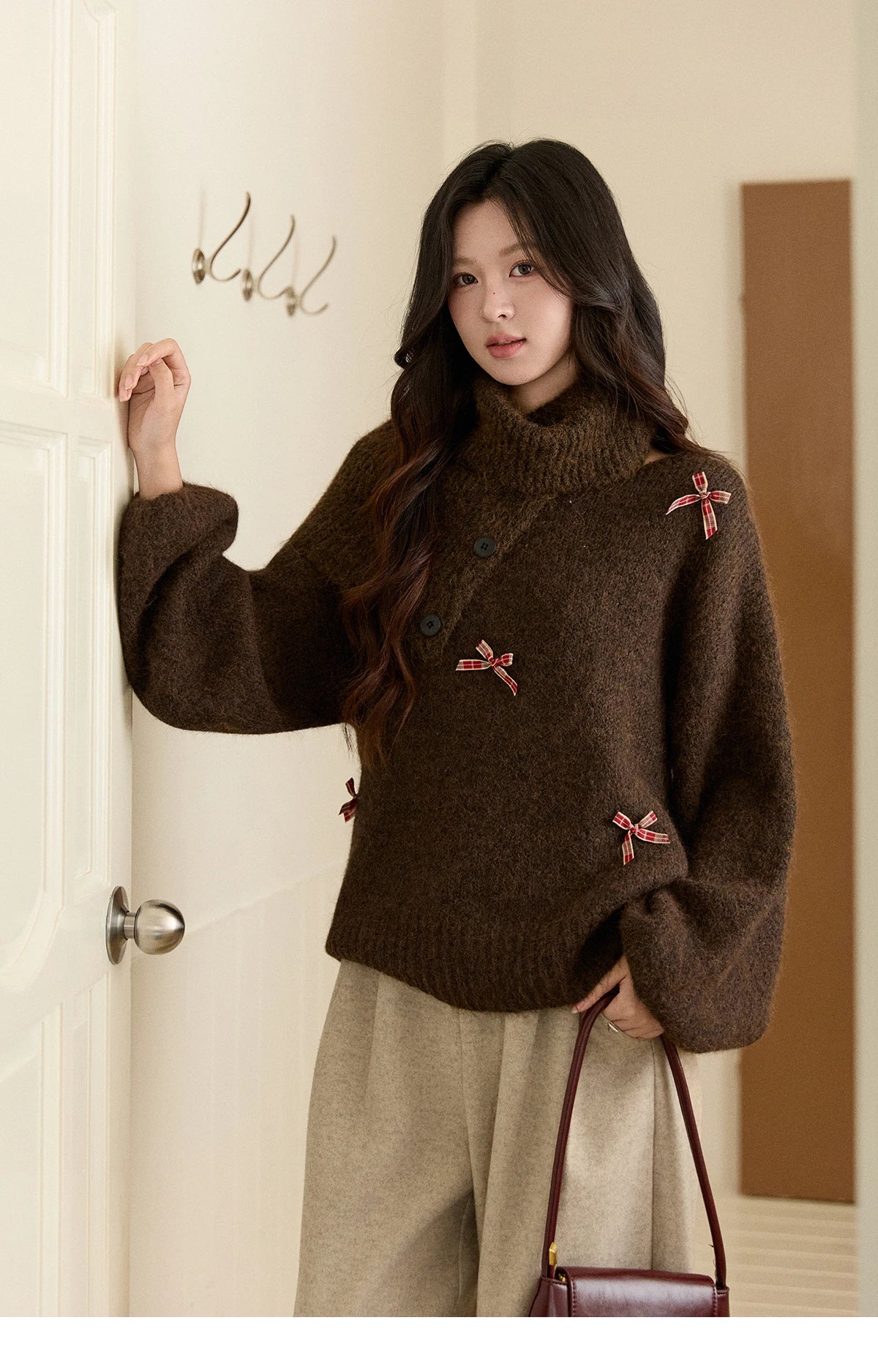 Mishow French Plaid Bow Detachable Shawl Collar Sweater MXE93Z2946