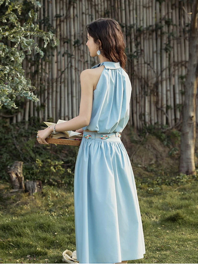 Mishow Solid Halter Neck Top & Midi Skirt Set with Belt MXE33T0546