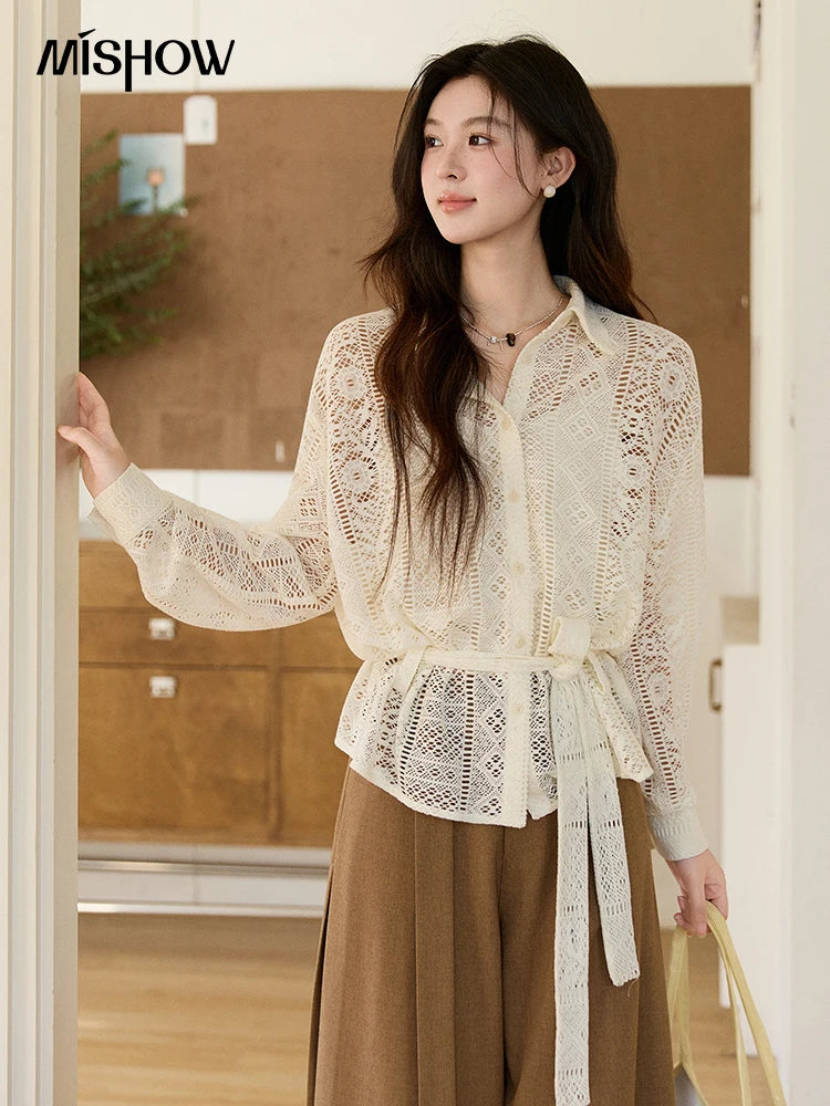 MISHOW Hollow Lace Shirt Camisole Set Drawstring Waist MXF108C0816